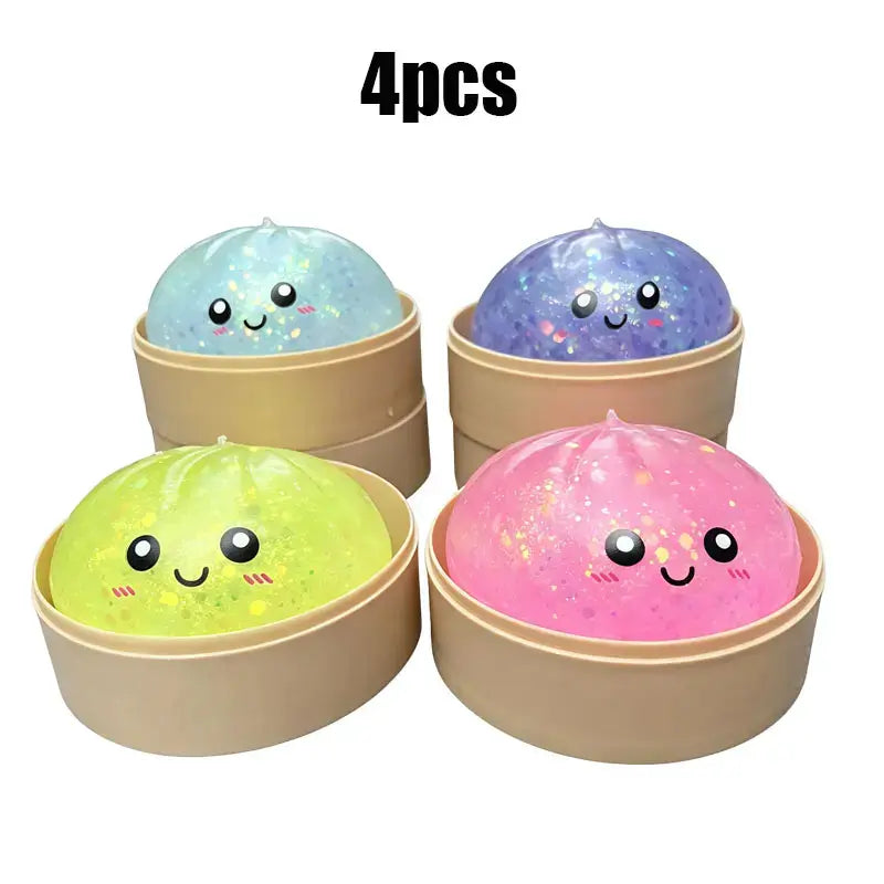 Glitter Dumpling Squishy Stress Relief Squeeze Toy with Steamer Box
