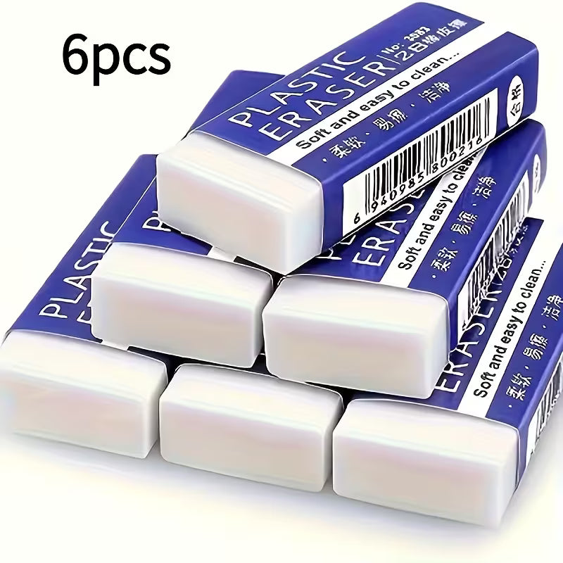 6pcs of Soft And Easy-To-Clean 2B Plastic Erasers - White, Rectangular, Made of PVC Material, Suitable for Art And Craft Projects, Crafting Supplies | Rectangular Eraser | Smooth Surface for Pencil Erasing