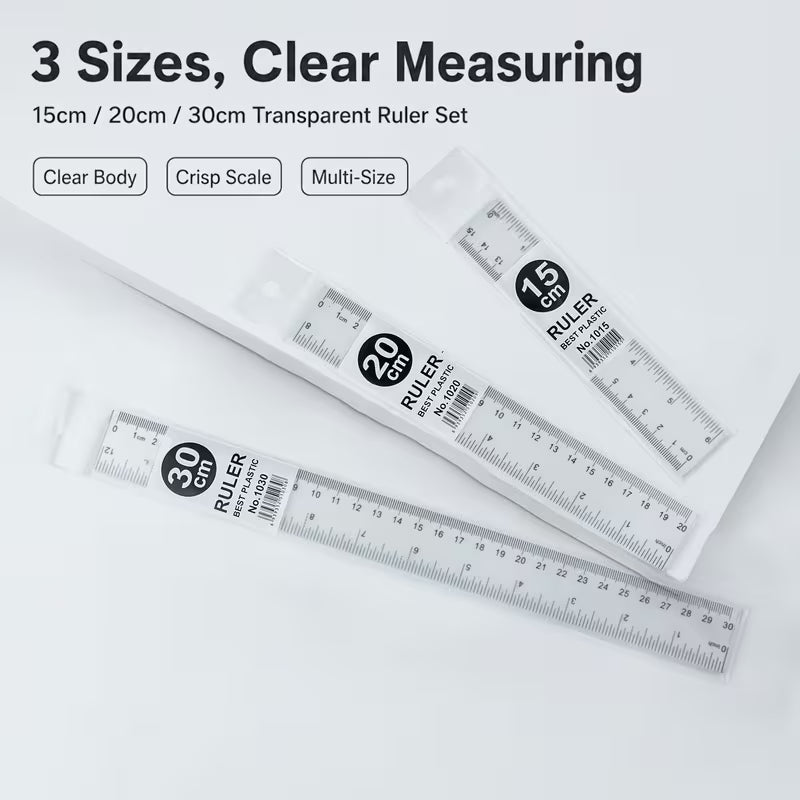 Set of Three Matte OPP Bag Rulers in 5.91inch, 7.87inch, and 11.81inch Lengths. Complete Specifications Meet Multi-scenario Needs. Transparent Ruler Body for Intuitive and Precise Reading. Fine Workmanship. Complete Set with High Cost-performance