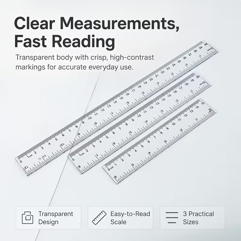 Set of Three Matte OPP Bag Rulers in 5.91inch, 7.87inch, and 11.81inch Lengths. Complete Specifications Meet Multi-scenario Needs. Transparent Ruler Body for Intuitive and Precise Reading. Fine Workmanship. Complete Set with High Cost-performance