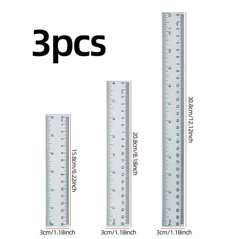 Set of Three Matte OPP Bag Rulers in 5.91inch, 7.87inch, and 11.81inch Lengths. Complete Specifications Meet Multi-scenario Needs. Transparent Ruler Body for Intuitive and Precise Reading. Fine Workmanship. Complete Set with High Cost-performance