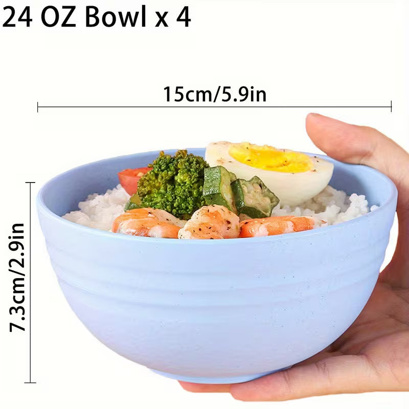 4pcs Non-Breakable Cereal Bowl Set - 24oz PP Plastic Bowls for Soup/Rice/Cereal - Microwave and Dishwasher Safe - Lightweight Tableware - Shatterproof Design for Home, Camping and Gifts (4 Colors)