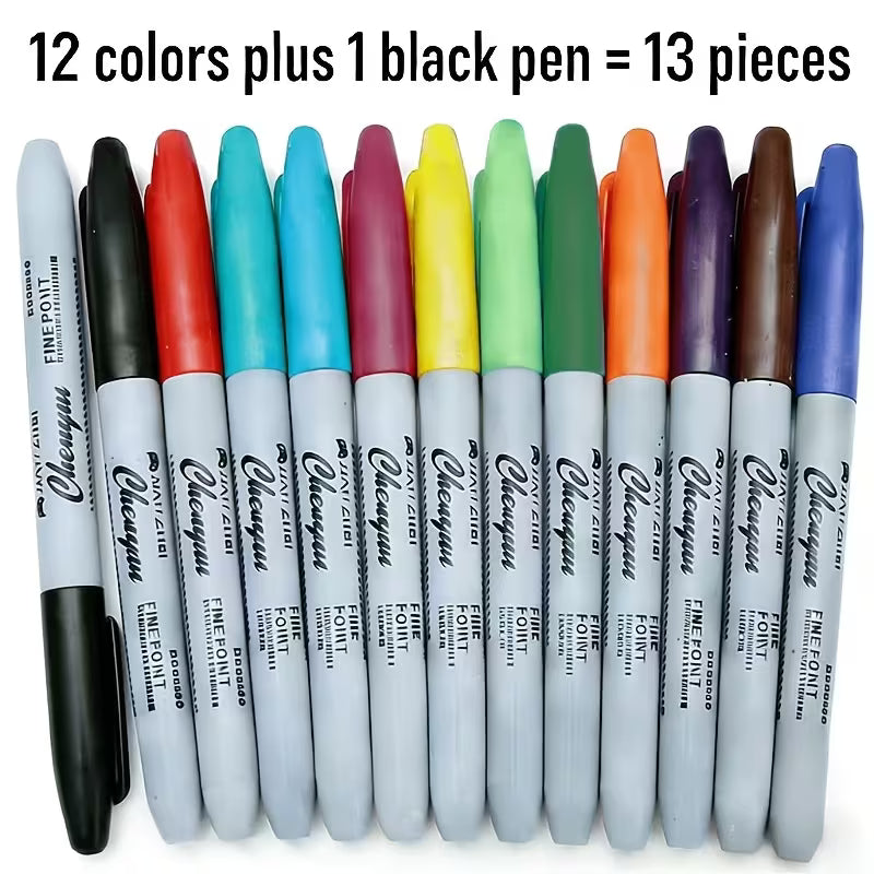 [Permanent Markers] 13pcs (12 Colors Plus 1 Black) Permanent Markers, Quick-Drying And Stain-Resistant Ink, Suitable for Daily Office Use, Box Marking Pens